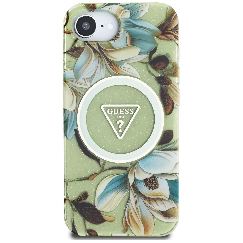 Guess Iml Metal Glitter Flowers Case Triangle Magsafe For iPhone 16E Green