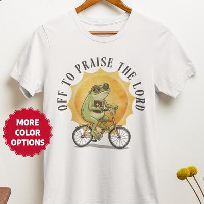 Off To Praise the Lord Frog On Bike T-Shirt, Funny Christian Toad Cycling Gift Tee