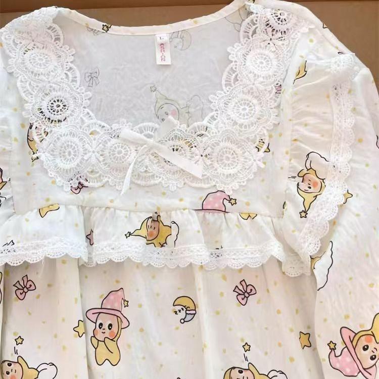 Japanese sweet cartoon star pajamas women's spring and autumn lace double long two-piece set can be worn outside loungewear