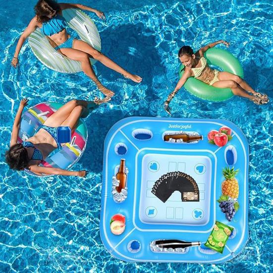 Floating Pool Game Table Inflatable Board Games Table with Cup Holders Floating Food Drink Bar Summer Pool Accessories for Adults And Kids