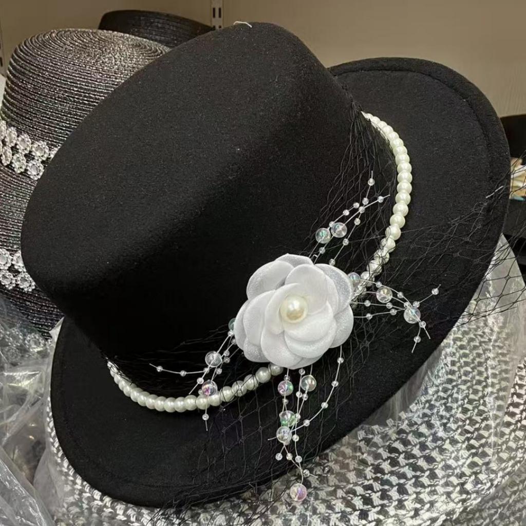 Autumn and Winter European and American Flower Top Hat Flat Top Hong Kong Style Senior Gentleman's Hat Styling Pearl Mesh Felt Hat