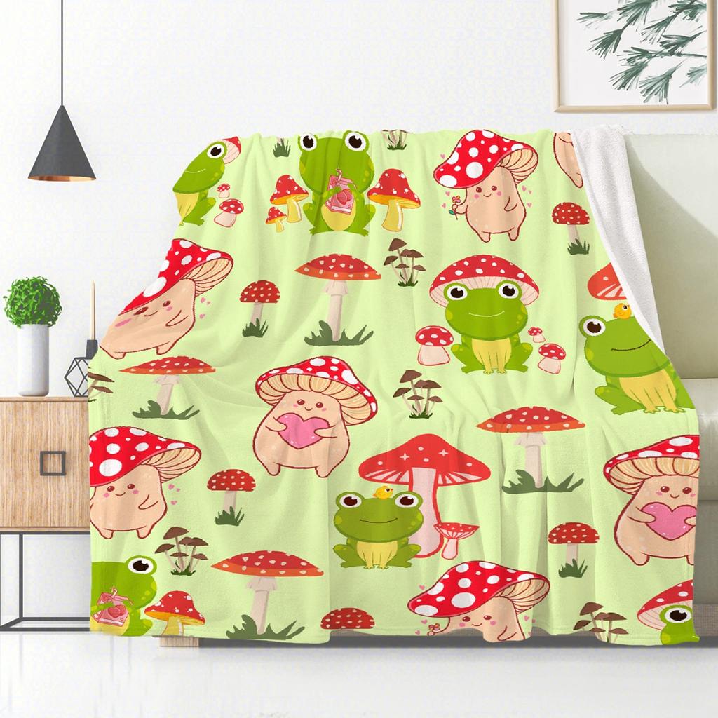 Cartoon Frog Mushroom Blanket Lovey Green Animal Flannel Throw Blankets for All Season Botanical Plush Soft Bed Sofa Blanket