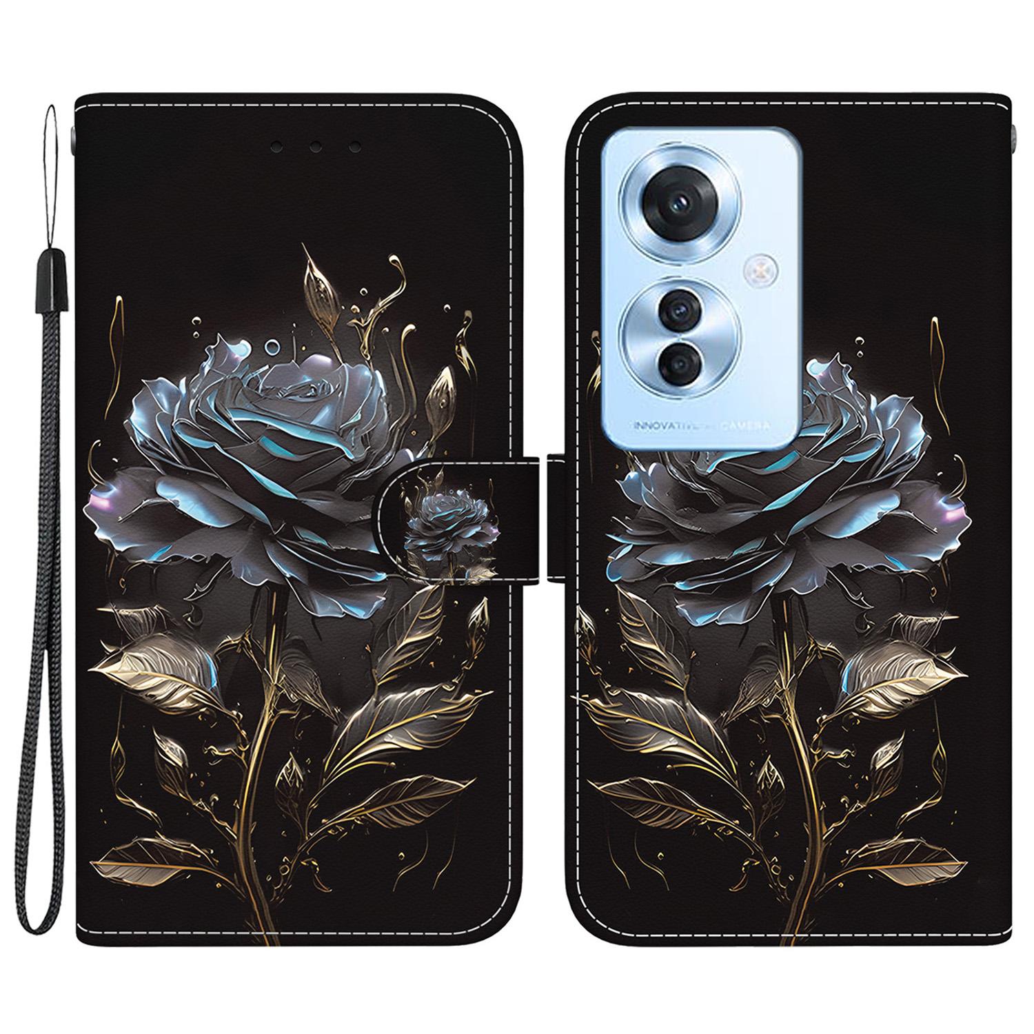 

For Oppo Reno11 F 5G/F25 Pro 5G Case Pattern Printing PU Leather+TPU Phone Cover Black Rose