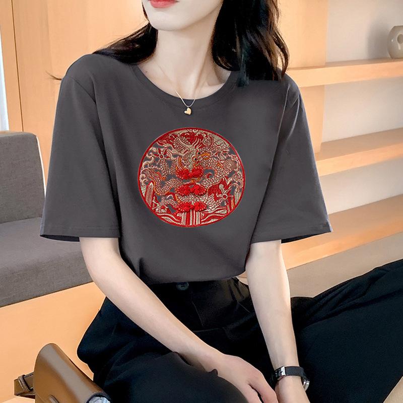 VEZFAA Women's Fashion Casual Summer Spring Flower Pattern Print Short Sleeve O-Neck Blouses & Shirts