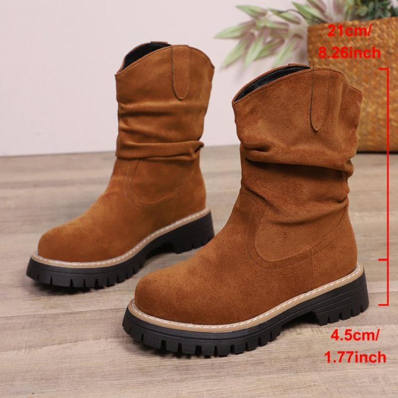 Fashion Ruched Western Boots Women Cow Suede Leather  Decoration Round Toe Solid Color Autumn Winter Shoes Handmade