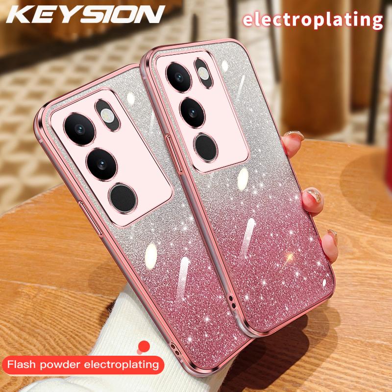 KEYSION Luxury Plating Glitter Phone Case for VIVO V29 5G Transparent Soft TPU Shockproof Back Cover for VIVO V29 5G