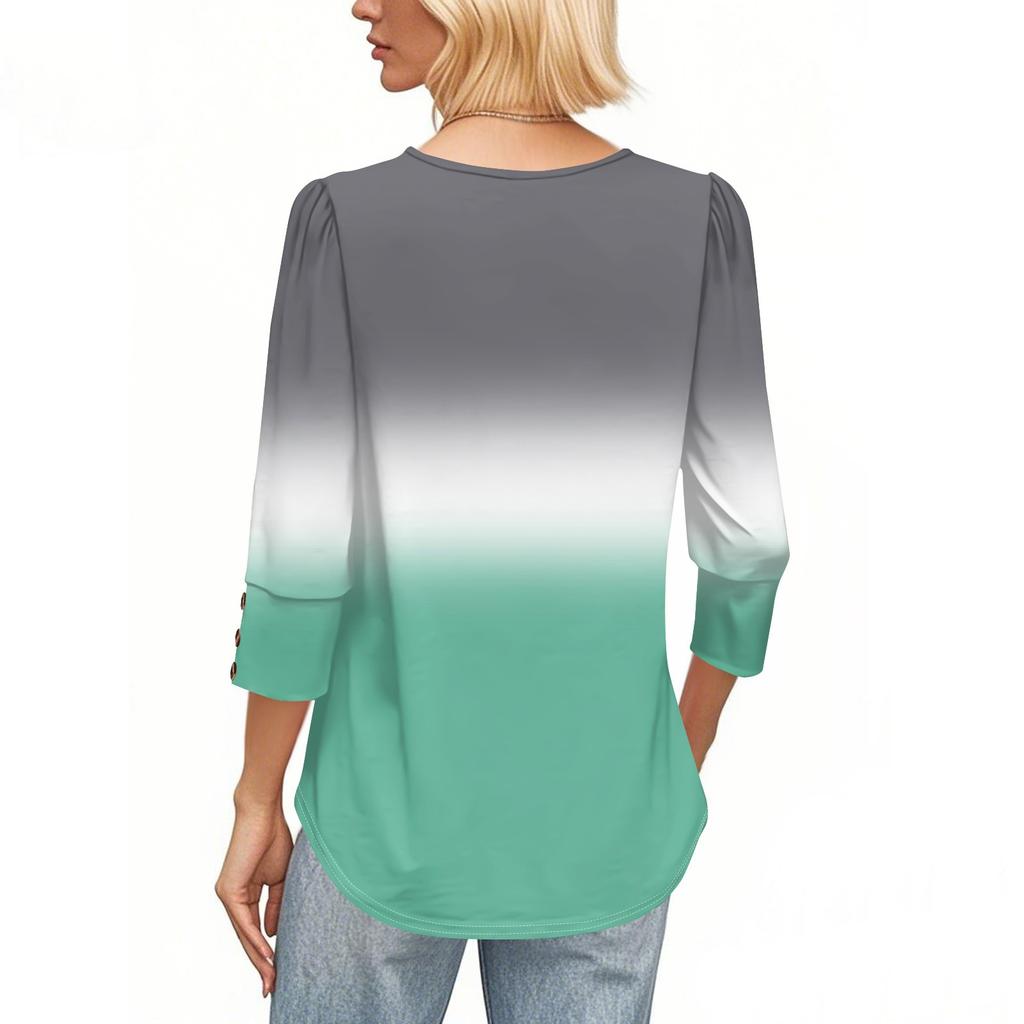 Women's Fashion Casual Gradient, Tie- Print Round Neck Cropped Sleeve T-shirt Top