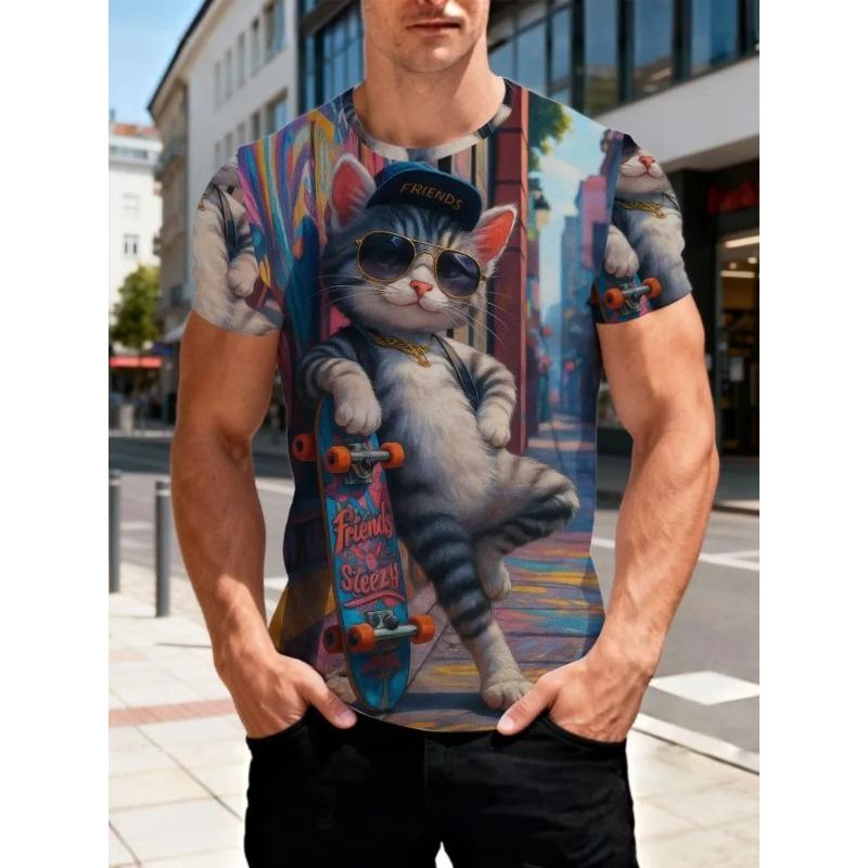 Summer Men's Cat 3D Printed Crew Neck T-Shirt Fashion Versatile