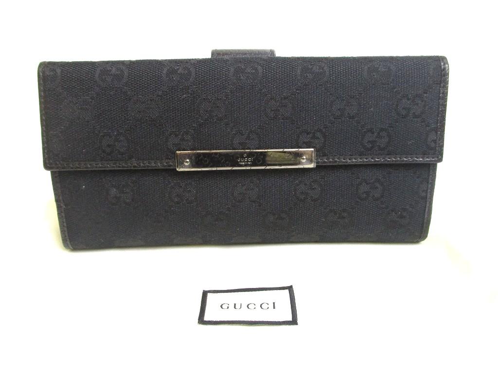 

Authentic GUCCI GG Black Canvas Leather Long Flap Wallet Purse #a721 Refurbished