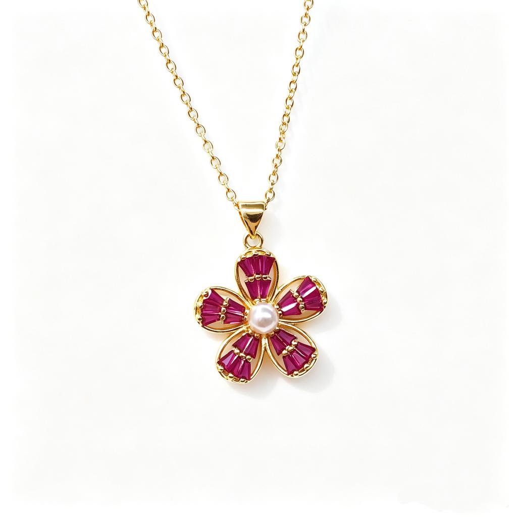 Stainless Steel Chian Red Green Zircon Flowers Pendant Necklace For Women New Luxury Girls Lucky Chain Birthday Jewelry Gifts