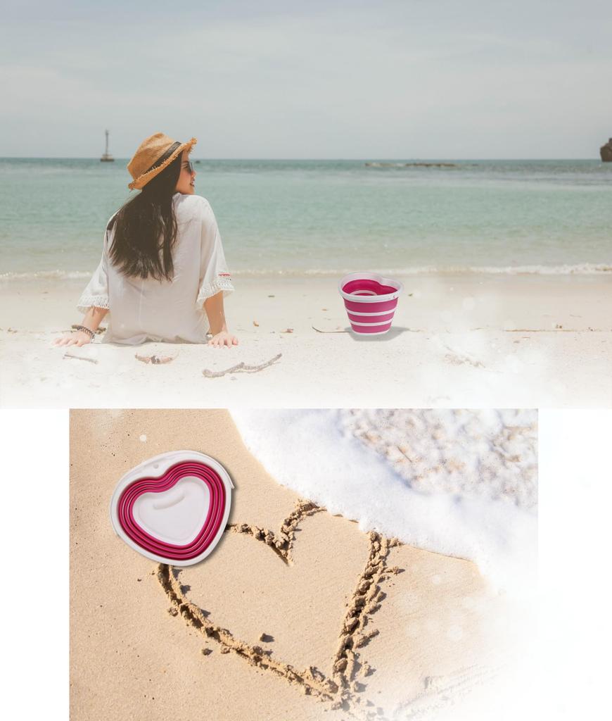 Large Capacity 10L Folding Bucket Silicone Pink Heart Shape Home Use Fishing Camping Outdoor Leisure Cute Bucket