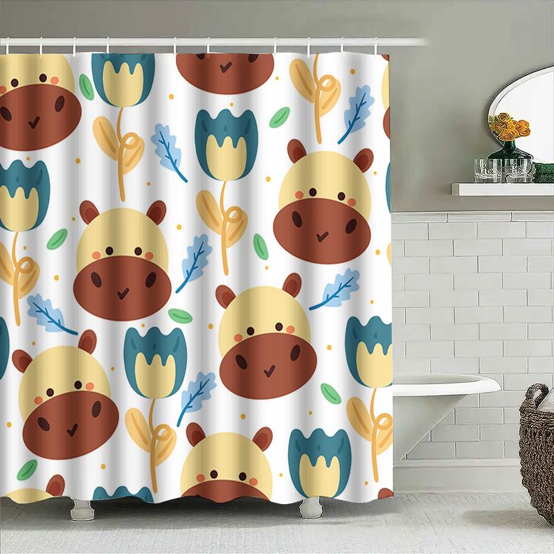 Tier-Muster Duschvorhang Niedliches Kuh- und Tulpen-Design Für Badezimmer-Dekoration Wasserdichtes Gewebe Mit Hakenringen Verschiedene Größen Verfügbar