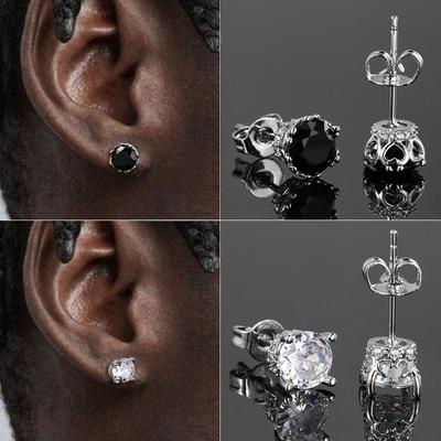 Stud Earrings Unisex Ear Piercing for Men Women 6mm Black Zircon Stylish Simplicity Silver Color Hip Hop Jewelry Gifts Wholesale
