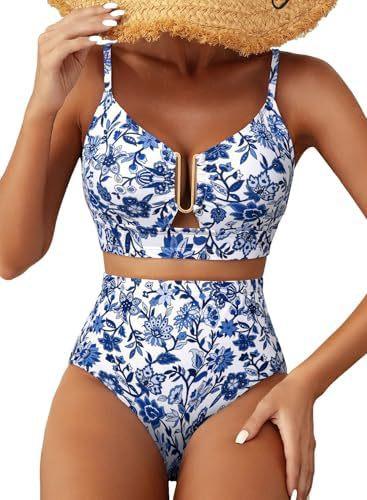 Women's High Waist U-Line Bikini Set Floral Print Swimsuit Cross Back Swimming