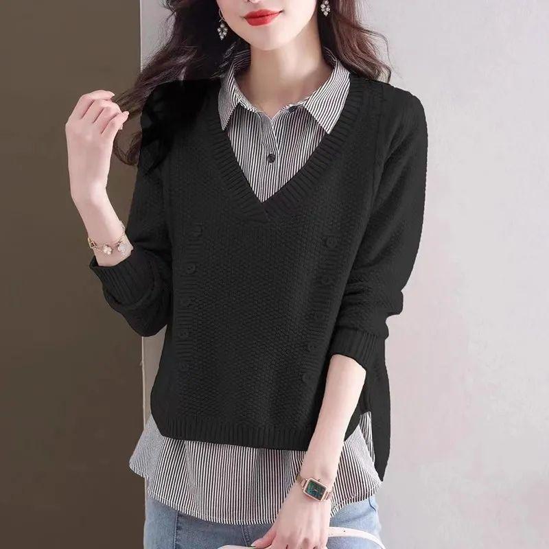 

Fake Two Piece Top Knit Sweater Women s Splice Shirt Collar Spring Autumn Korean Loose Long Sleeve Sweater Brown Shirt One size