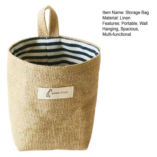 Cotton Linen Hanging Storage Bag Wall Mounted Storage Basket Small Folding Storage Bag with Handle for Keys Toys Cosmetics