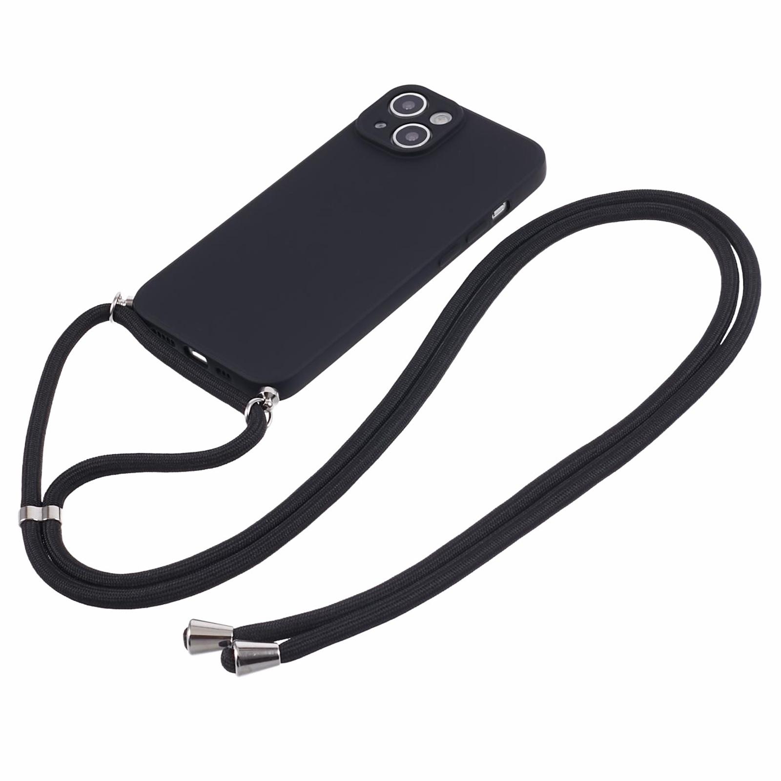 

For iPhone 15 TPU Phone Case Fiber Lining Rubberized Cover with Long Lanyard Red