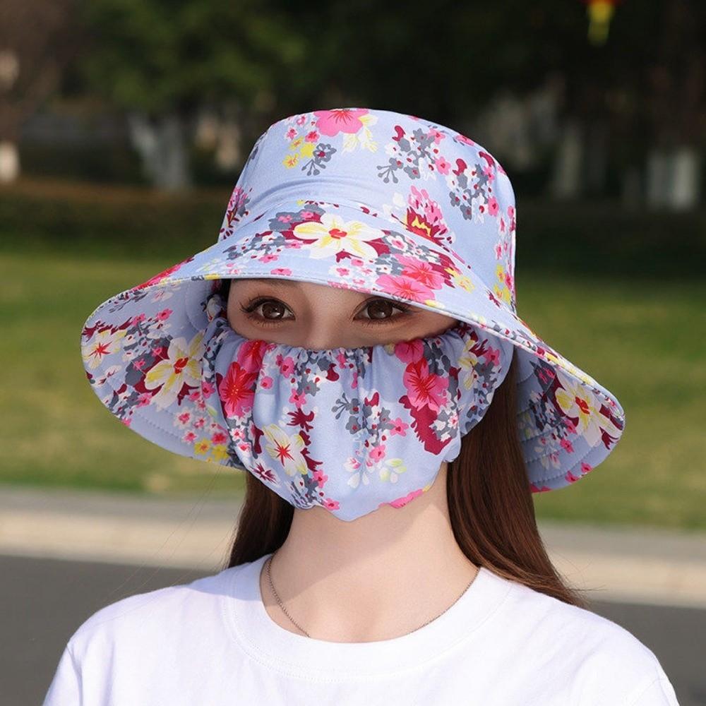 Fashion Floral Tea Picking Cap Wide Brim Anti-UV Agricultural Work Hat Neck Protection with Mask Sun Visor Cap for Women