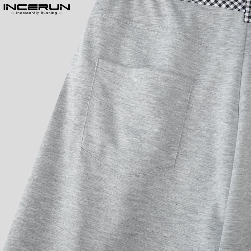 INCERUN Two Pieces Men Lapel Neck Short Sleeve Plaid T-Shirt Long Straight Pants Sets Outfits