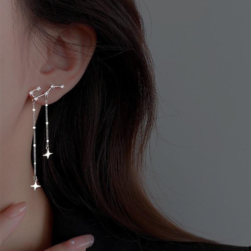 JWER Romantic French Silver Color Asymmetric Star Long Tassel Korean Fashion Zircon Drop Earring For Girl Women Birthday Gifts