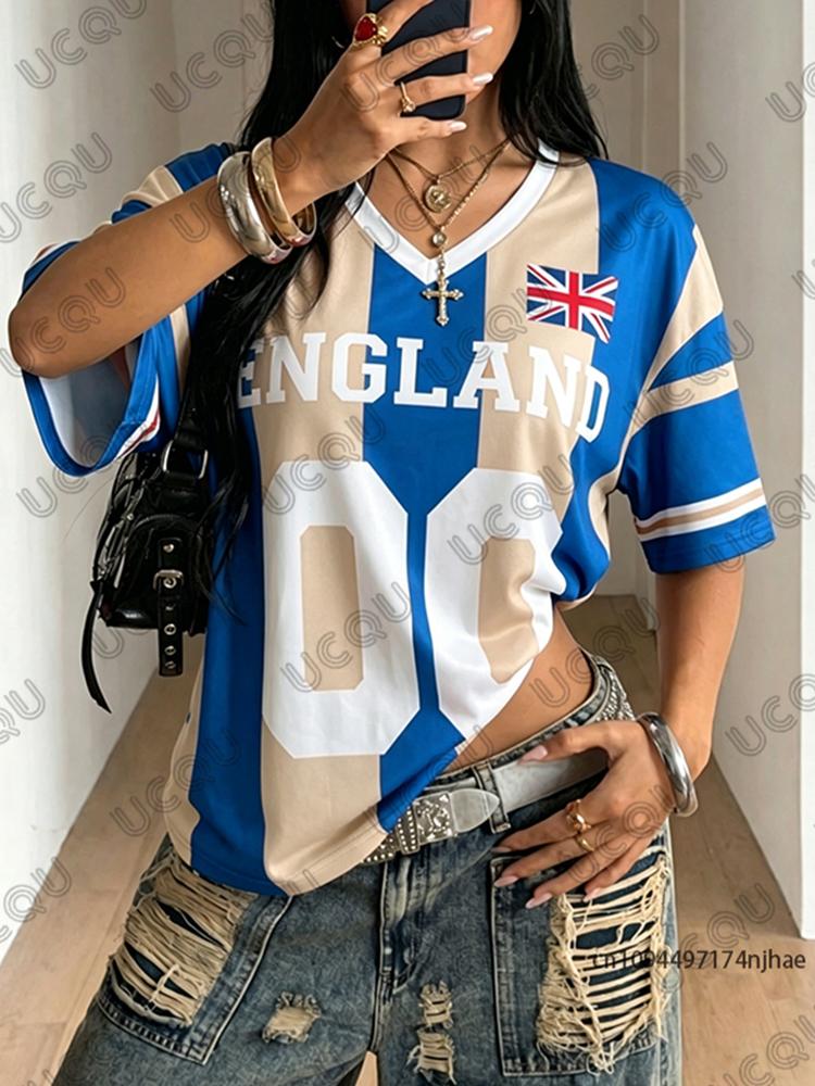 Sommer Neues Streifen England Druck T-Shirt Für Damen Kurzarm Patchwork V-Ausschnitt T-Shirts Sport Fußballtrikot Y2K Übergroße Oberteile
