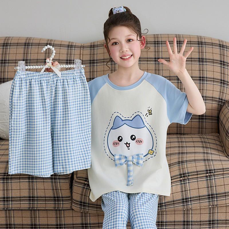 Girls Cotton Pajama Set Short Sleeve Long Pants Cartoon Print Sleepwear Kids Home Wear