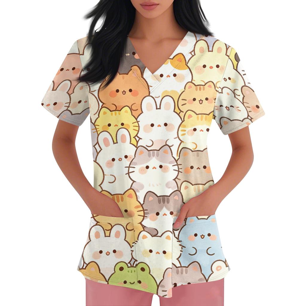 Womens V Neck Short Sleeve Work Shirt with Pockets Animal Print Top Medical Uniform Scrub Tee for Healthcare Professionals
