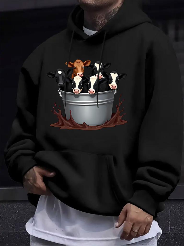 American And European Style unisex Autumn Winter Print Hooded Sweatshirt, Cow Bucket Funny Print Hooded Sweater, Fun Quirky Style, Cute Pattern with P