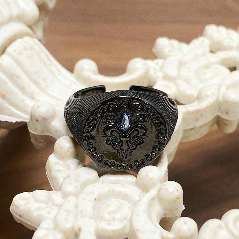 Dark Personality Iris Flower Sea Blue Zircon Flower Opening Ring Niche High-End Temperament Punk Stacked Ring