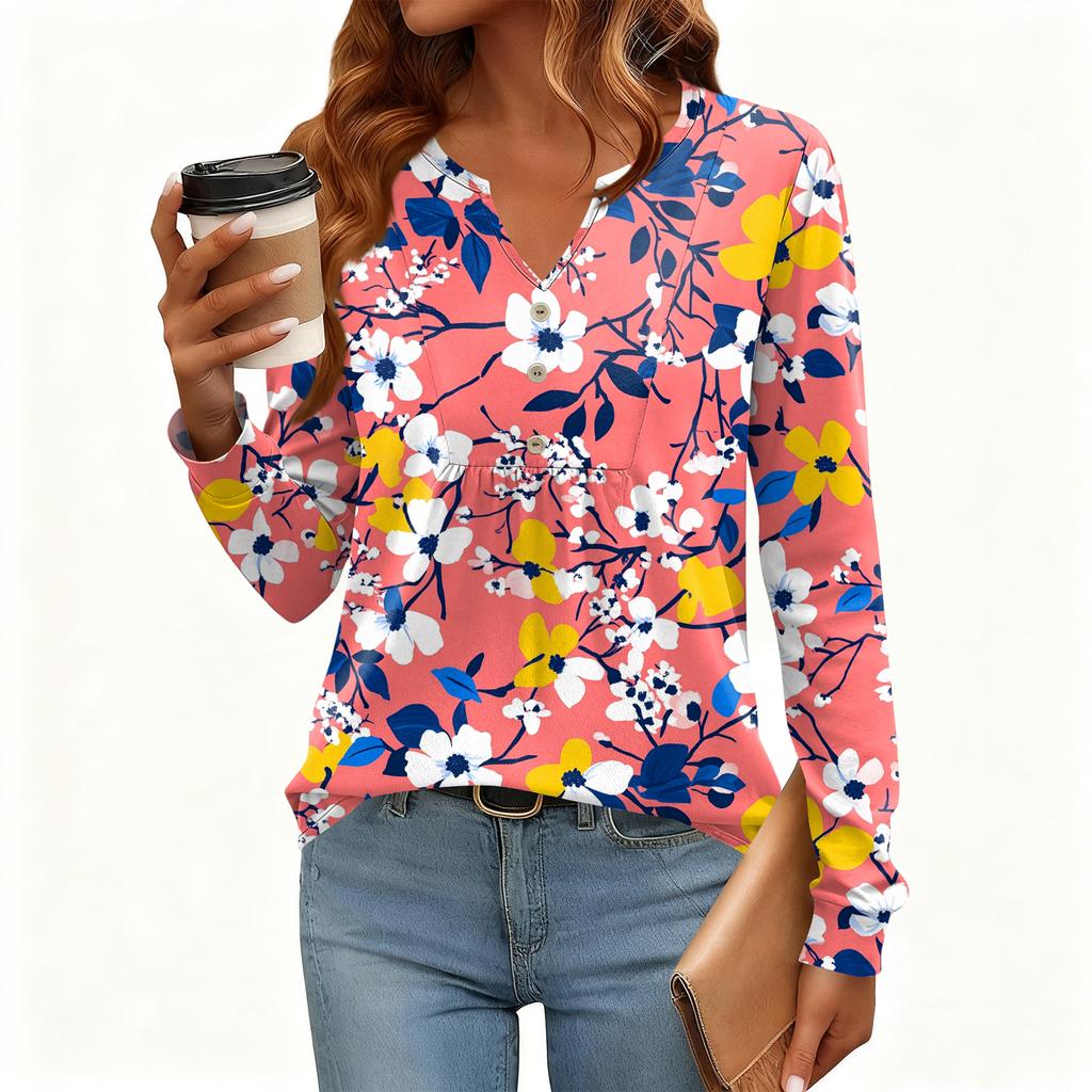 Γυναικείο Χαλαρό, V-λαιμόκοψη, Ρετρό Χρώμα, Μπλοκ με Φλοράλ Σχέδιο, Μακρυμάνικο Πουλόβερ T-shirt
