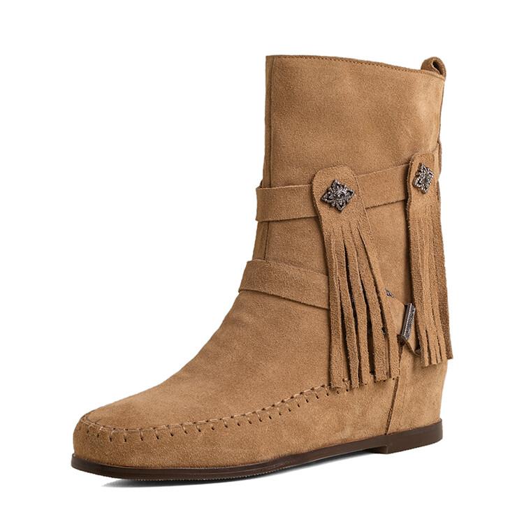 Fashion Cow Suede Rivet Belt Buckle Round Head Low Heeled Short Boots Fashionable Winter Tassel Short Plush Women's Ankle Boots Size 43