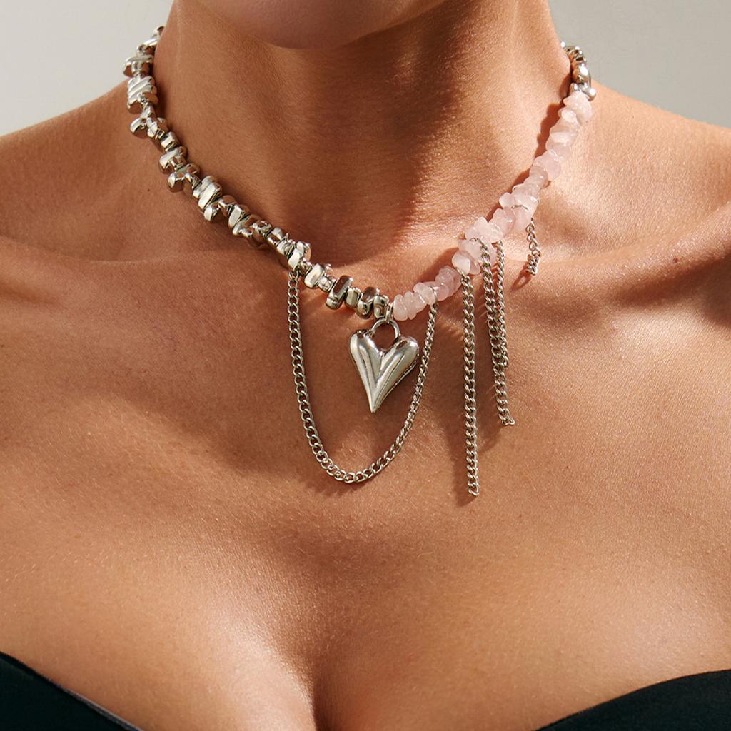 Retro Metal Heart Pendant Necklace Simple Pink Natural Stone String Irregular Round Beads Girls Jewelry