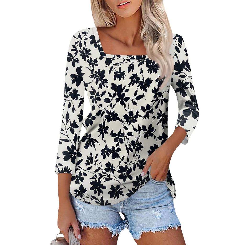 Košile pro dámskou módu Neformální dámské tričko s čtvercovým výstřihem, 3/4 rukávem, volným potištěným tričkem