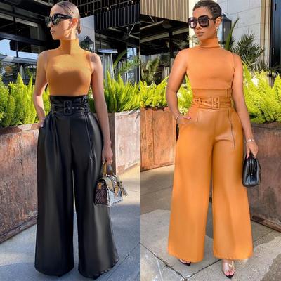Four Seasons Women's Fashion High-waisted Trousers PU Leather Pants Wide-leg Pants Plus Size