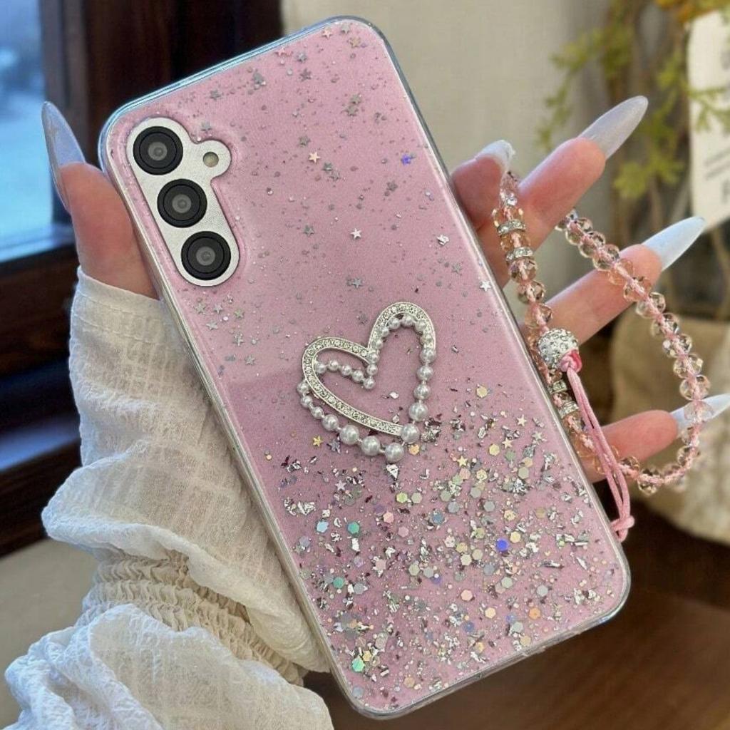 Applicable to iPhone16Promax Epoxy Sequins Apple 17 Women's Pearl Bow Pendant Love Mobile Phone Case