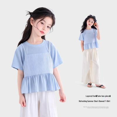 Girls' Fake Two-Piece Short Sleeve T-Shirt