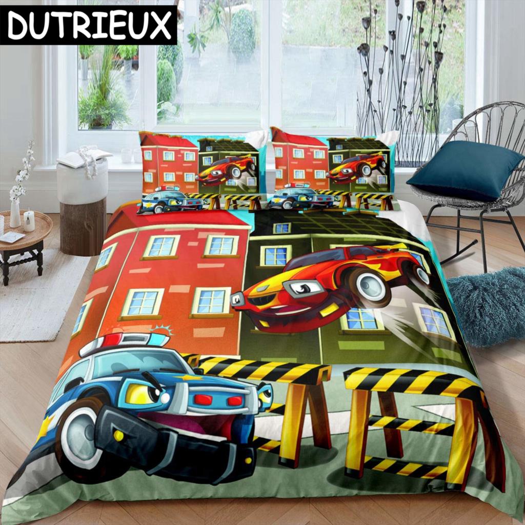 Policajtské auto Král Královna Povlak na přikrývku Kreslené auto Ložní souprava Děti Chlapci Modrá Šedá Vozidla záchranné služby Polyesterový Povlak na přikrývku