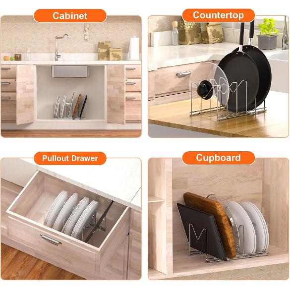3 Pack Pot Lid Organizer for Cabinet, Stainless Steel Pot Lid Rack with Anti-slip Pad, Lid Holder for Pans Pots, Bakeware, Plates, Cookie Sheets,