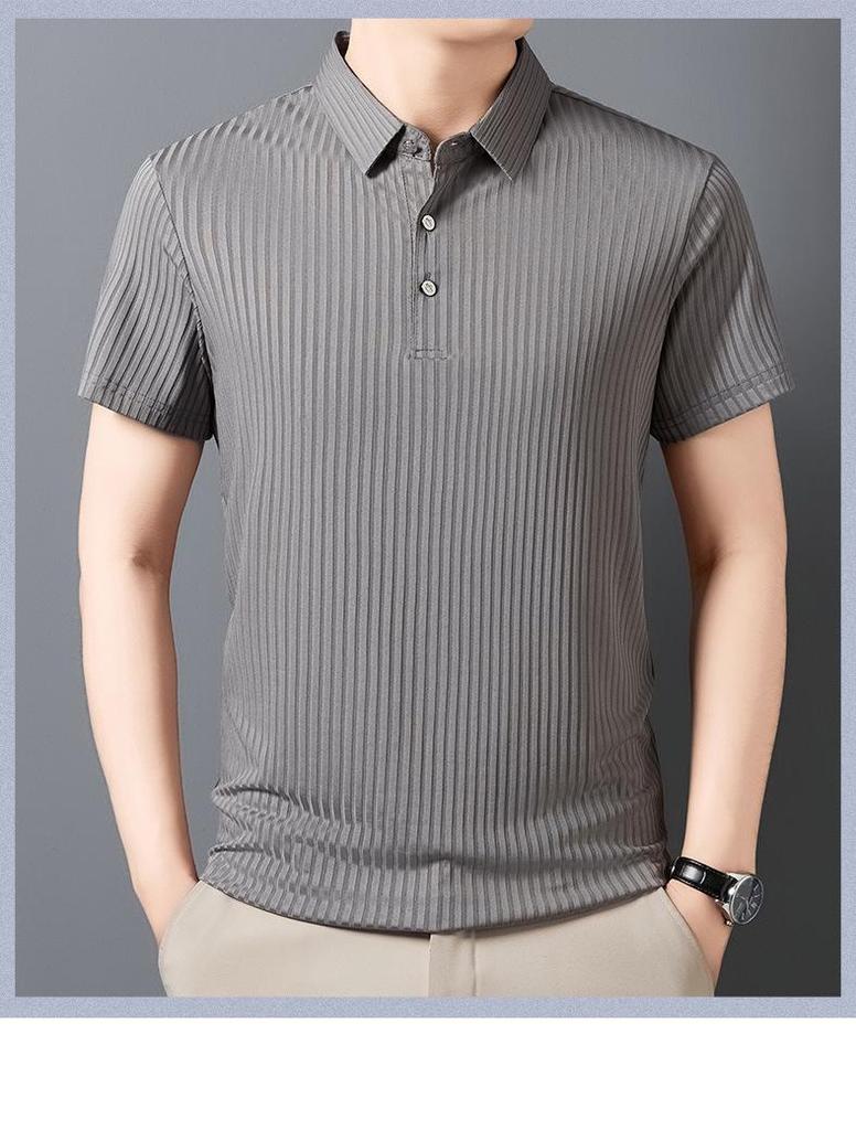Men's Striped Ice Silk Polo: Short-Sleeved, Lapel Collar, Breathable Summer T-Shirt