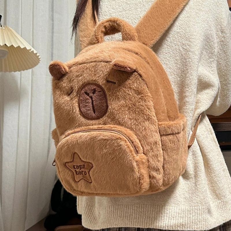 Cartoon Plush Capybara Animal Backpack for Teens Multiple Pockets Student School Bag Zippered Crossbody Shoulder Bag