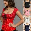 2026 Spring New Women's Top: Polka Dot Square Neck Bow Slim Fit Short Sleeve T-Shirt for Women