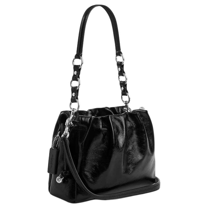 Coach Faye 22 Drawstring Closure Shiny Wrinkled Leather Shoulder Bag Small Women's Black