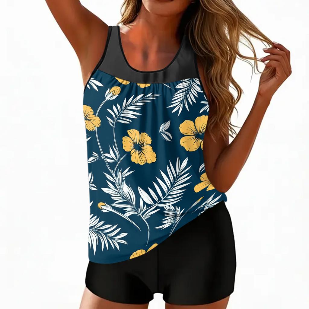Women’s Floral Print Tankini Set with Sleeveless Top and Boyshorts Two Piece Swimsuit for Beach Pool Resort