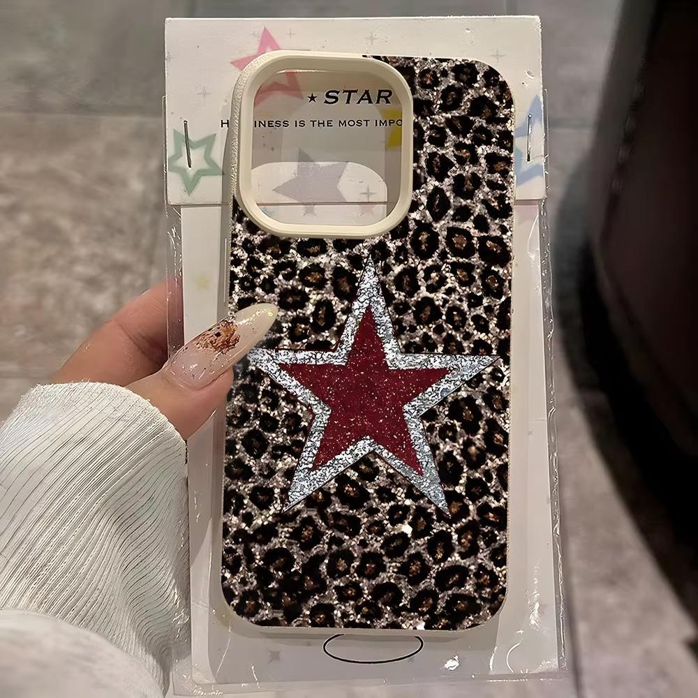 Leopard Print And Glitter Star Phone Case For iPhone 17 Pro Max 16 Plus 15 Pro 14 13 12 11 XR 17Air Lychee Textur Soft Cover