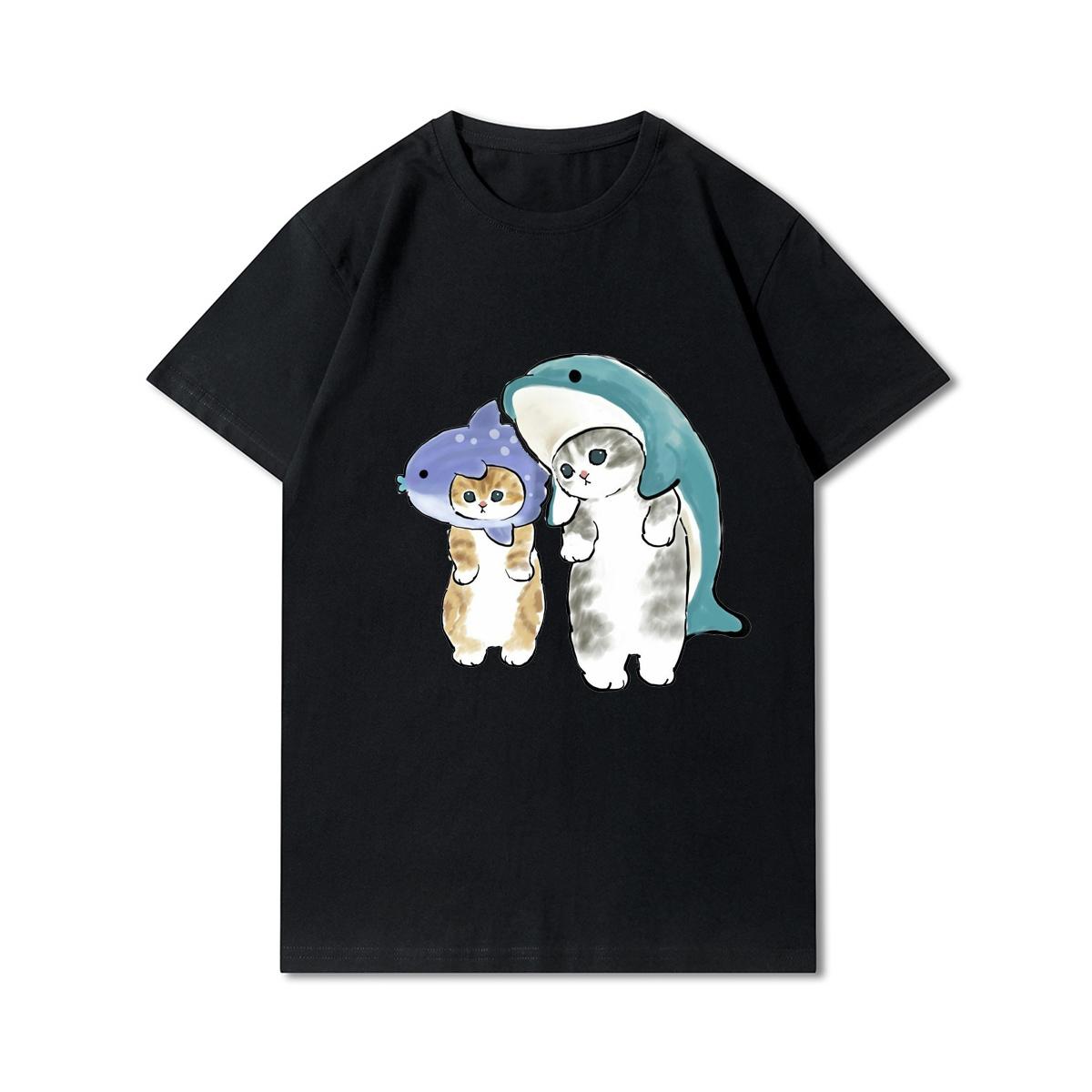 

Женские футболки с принтом кошек и акул больших размеров, хлопковые топы с круглым вырезом, летние черные футболки с животными Y2K, модные 90-х годов, повседневные черные футболки оверсайз S