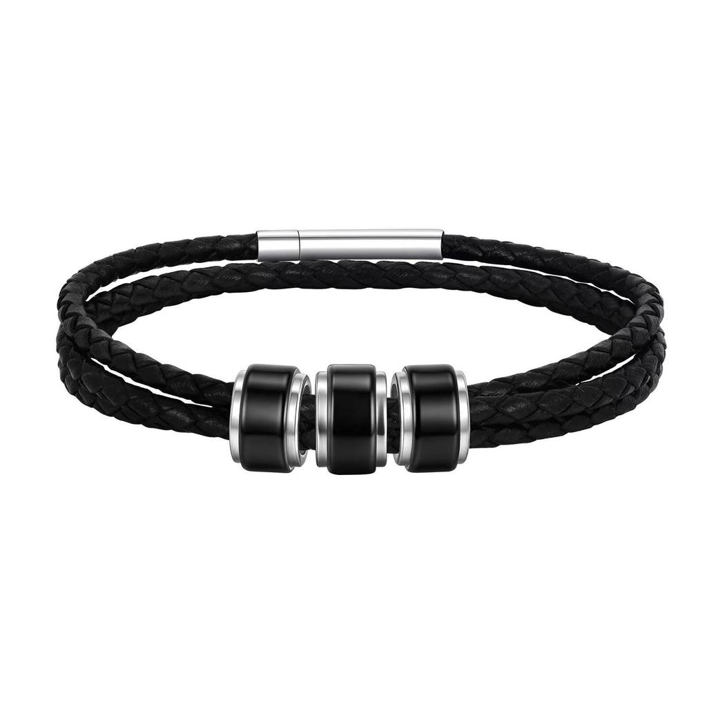 Vnox Custom 3-Layer Leather Bracelet for Men, Stainless Steel Tube Wristband, Personalized Engraved Gifts for Dad Boys Husband
