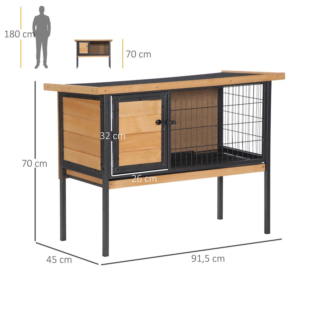 Wooden Rabbit Hutch Guinea Pig Hutch Bunny Cage Metal Frame Elevated Pet House with Slide-Out Tray Lockable Door Openable Roof Natural Wood 91.5 x 45
