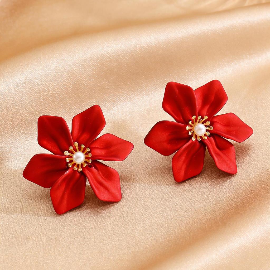 Schickes Set mit roten Blumenohrringen, Armband, Halskette & Perlenring - Damen-Modeaccessoires