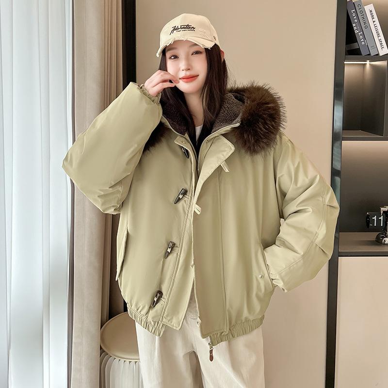 Retro fur collar hooded cotton jacket women's clothing winter new horn buckle thickened warm cotton coat