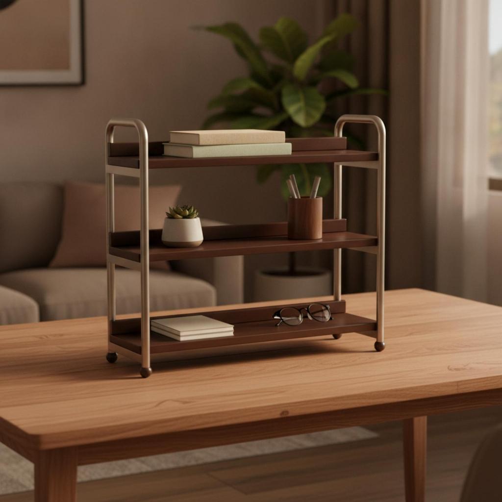 Three-Tier Storage Shelf Freestanding Desktop Organizer with Metal Frame